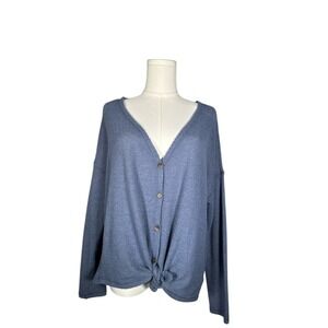 American Eagle Ribbed Knit Button Front Top Tie Front Twist Hem‎ Blue Medium